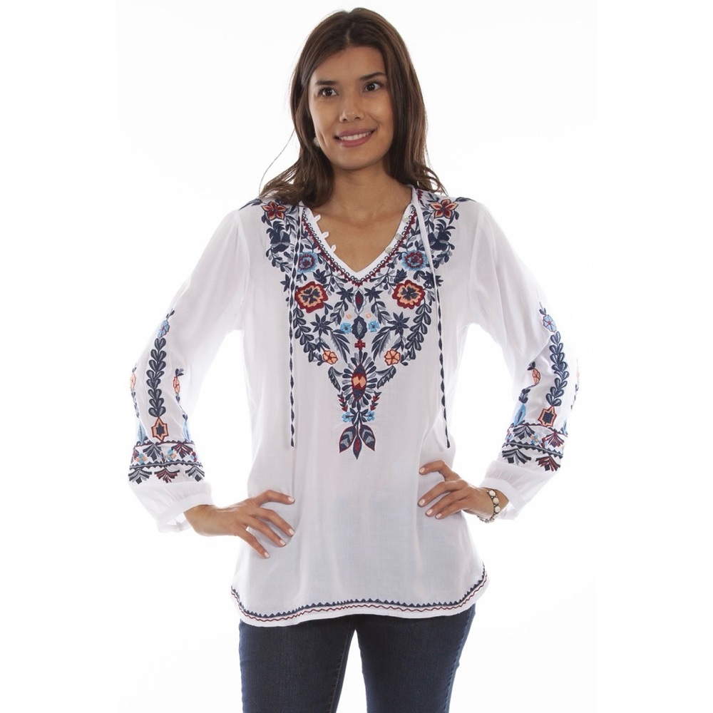 Scully White Tunic with Blue and Red Embroidery